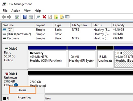 bring iscsi drive online via disk management