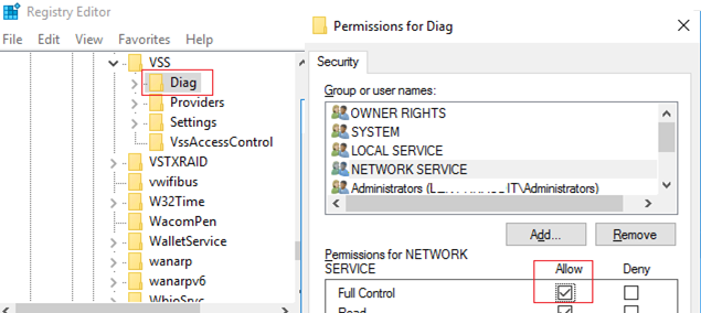 HKLM\SYSTEM\CurrentControlSet\services\VSS\Diag registry permissions