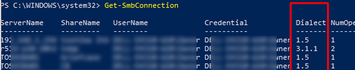 How to find out what SMB dialect is in use using Get-SmbConnection cmdlet