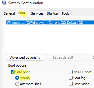 msconfig - enable safe boot