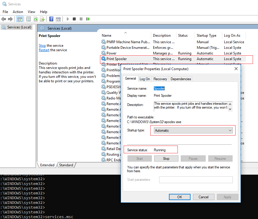 print spooler service in services.msc snap-in