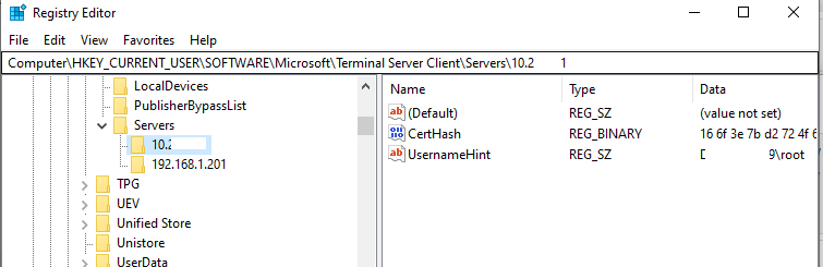 rdp CertHash value in the registry