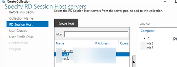 Add RD session hosts to collection