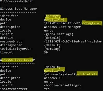 bcdbedit: show windows boot manager configuration, check bootmgfw.efi path
