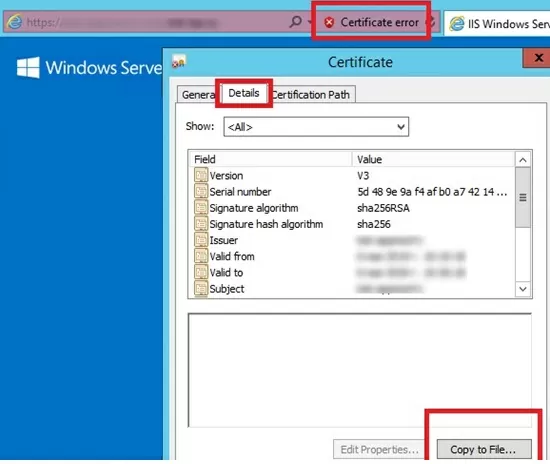 copy ssl cert to a cer file from internet explorer