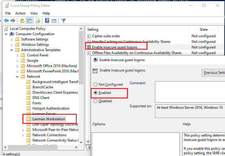 Enable insecure guest logons policy