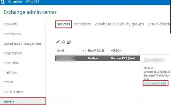 exchange server admin center: enter product key