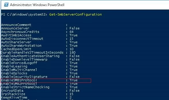 Get-SmbServerConfiguration smb1protocol is enabled 