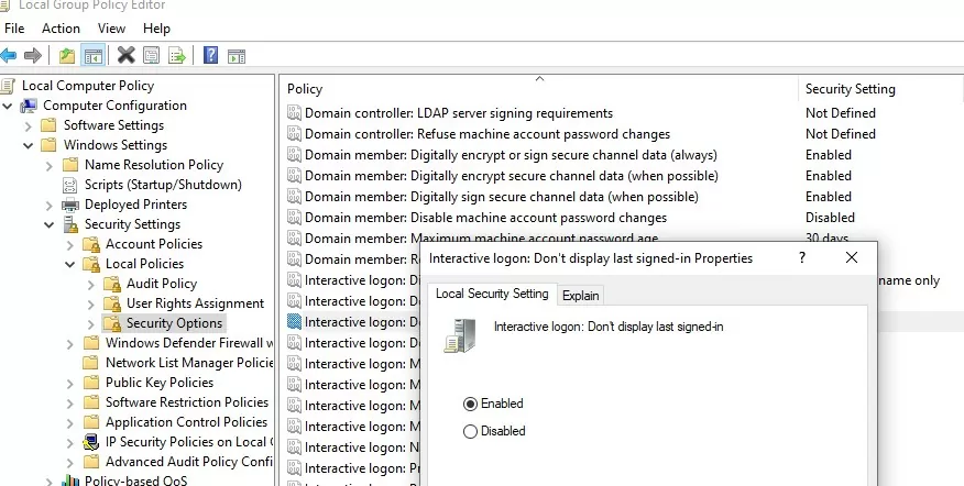 gpo: Interactive logon dont display last user name on windows 10 welcome screen