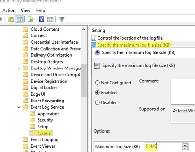 GPO: Specify the maximum log file size 