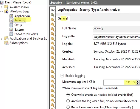 How to increase maximum event log size from Event Viewer console?