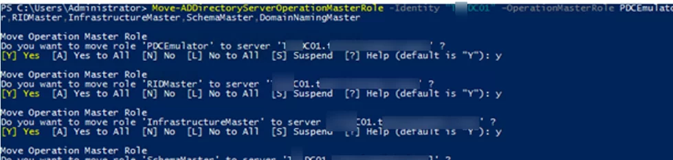 Move-ADDirectoryServerOperationMasterRole - powershell command to transfer FSMO Roles