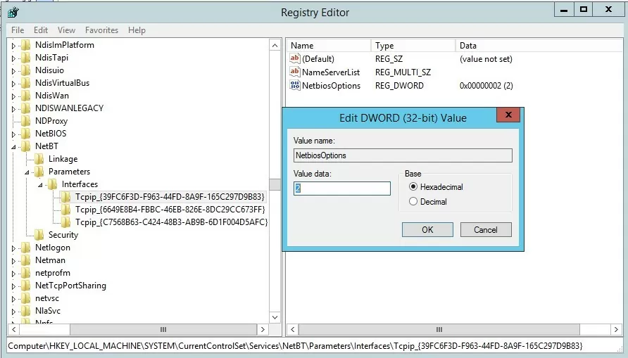 NetbiosOptions - disabling netbios via registry