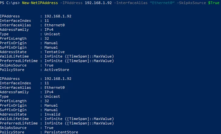 New-NetIPAddress adding the secondary ip alias to a NIC