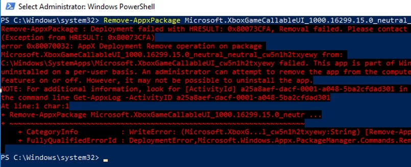 Remove-AppxPackage : Deployment failed with HRESULT: 0x80073CFA, Removal 