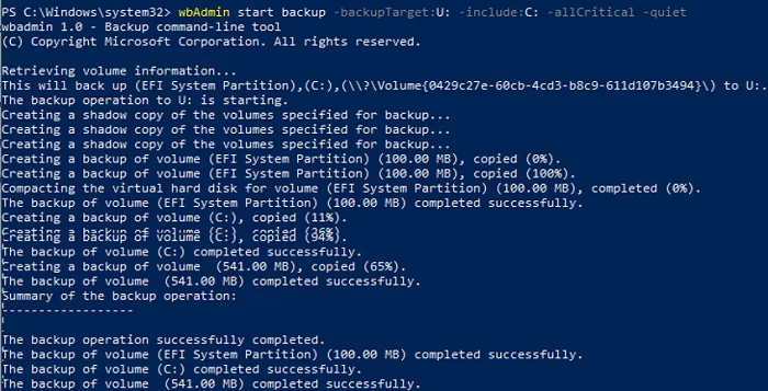 wbAdmin start backup from the command prompt