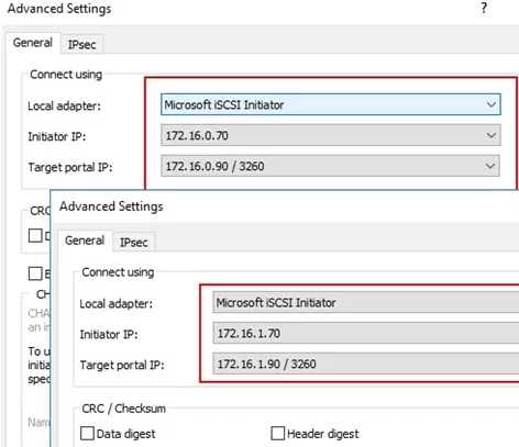 Windows Server 2016 multipath iscsi - bind different target IP addresses to different initiators